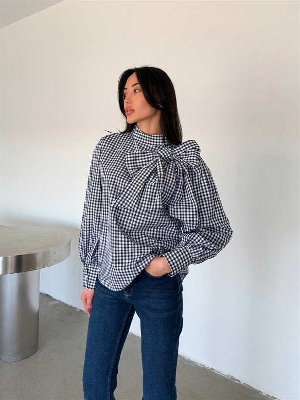 Bağlama Detaylı Poplin Bluz - Mavi