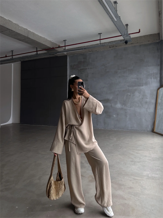 Belden Bağlamalı Keten Kimono Takım - Vizon