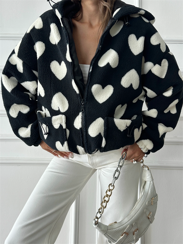 Kalp Desenli Fermuarlı Peluş - Siyah