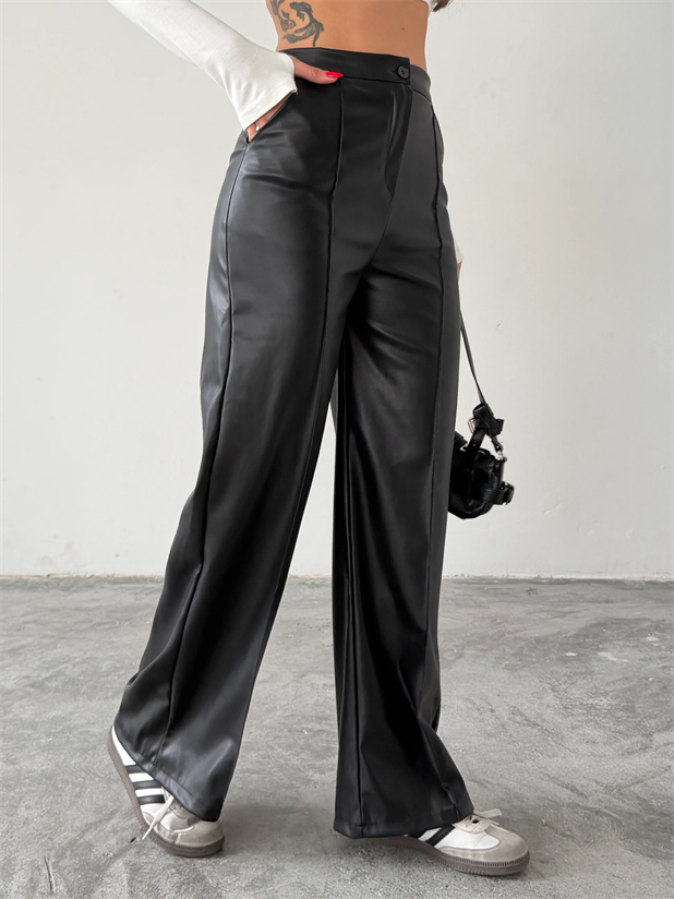 Çımalı Deri Palazzo Pantolon  - Siyah