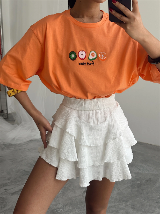 Fruit Nakış Basic T-shirt Turuncu - Turuncu