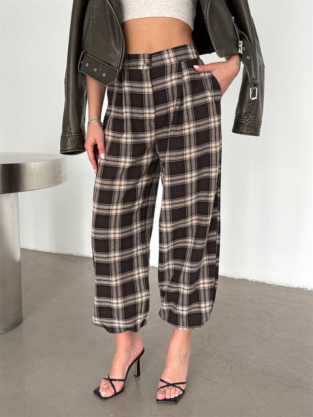 Ekose Jogger Pantolon - Kahve