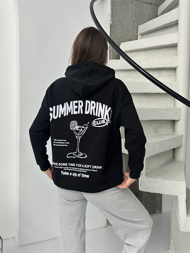 Baskılı Kapüşonlu Oversize Sweat - Siyah