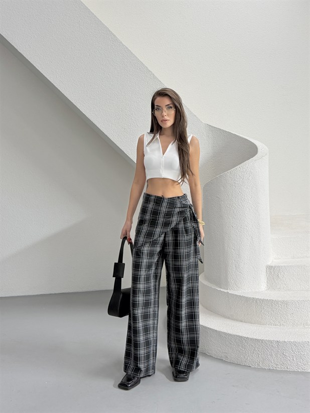 Bel Fular Detay Ekose Pantolon - Siyah