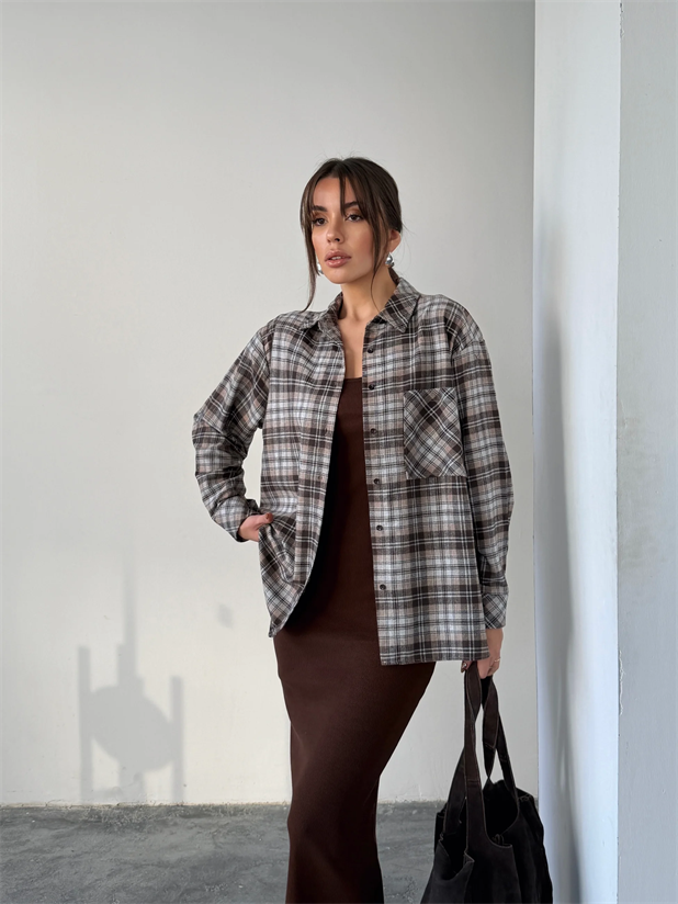 Tek Cep Ekose Gömlek - Bej