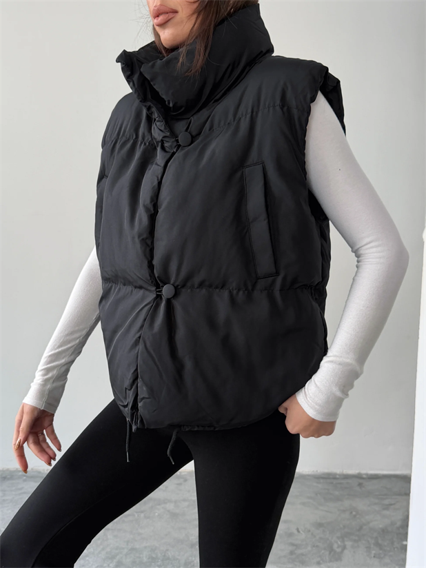 Düğmeli Yan Cep Detay Şişme Yelek - Siyah