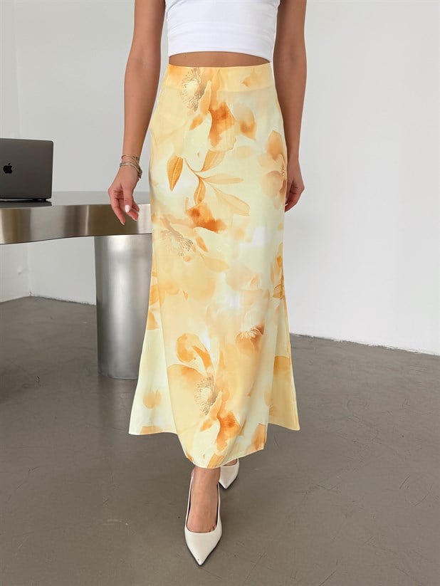 Çiçek Baskılı Çan Etek  - Sarı