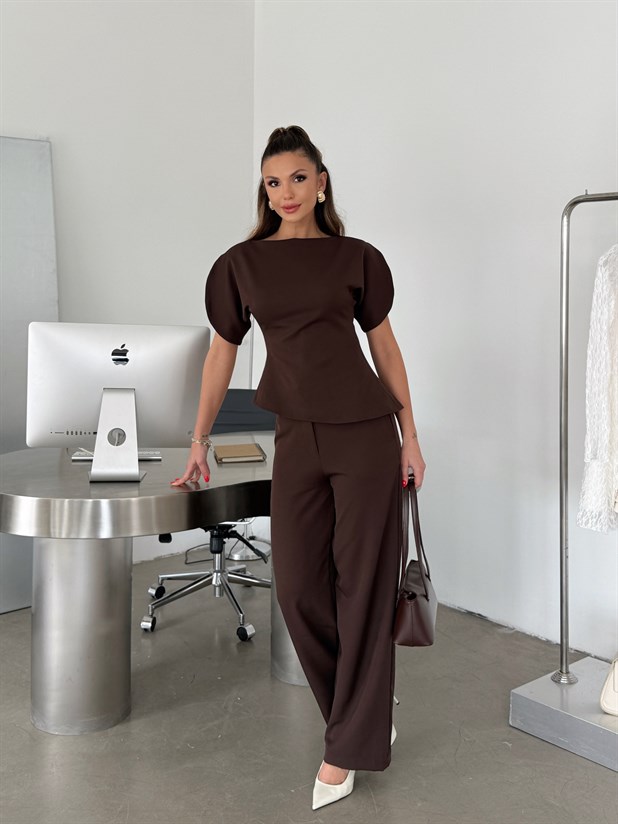 Balon Kol Asimetrik Takım - Kahve