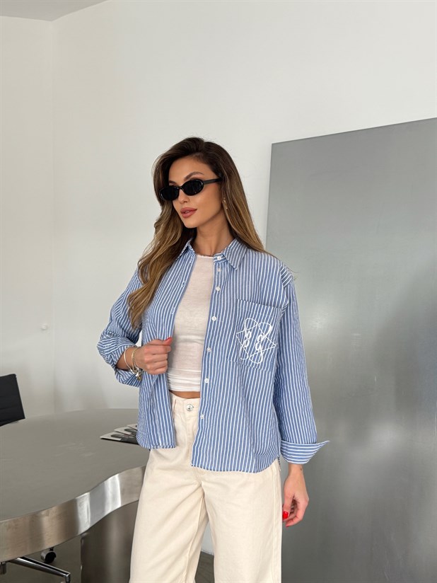 Nakış Detaylı Gömlek - Mavi