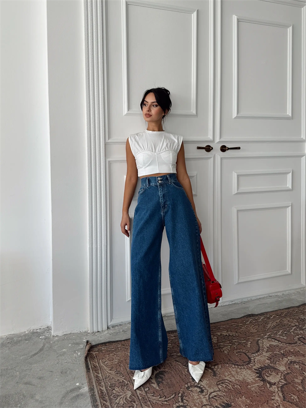 Geniş Kemerli Baggy Jean  - Mavi