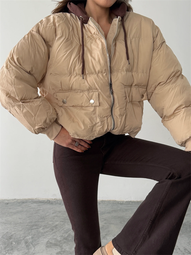 Kapüşonlu Şişme Mont - Taş