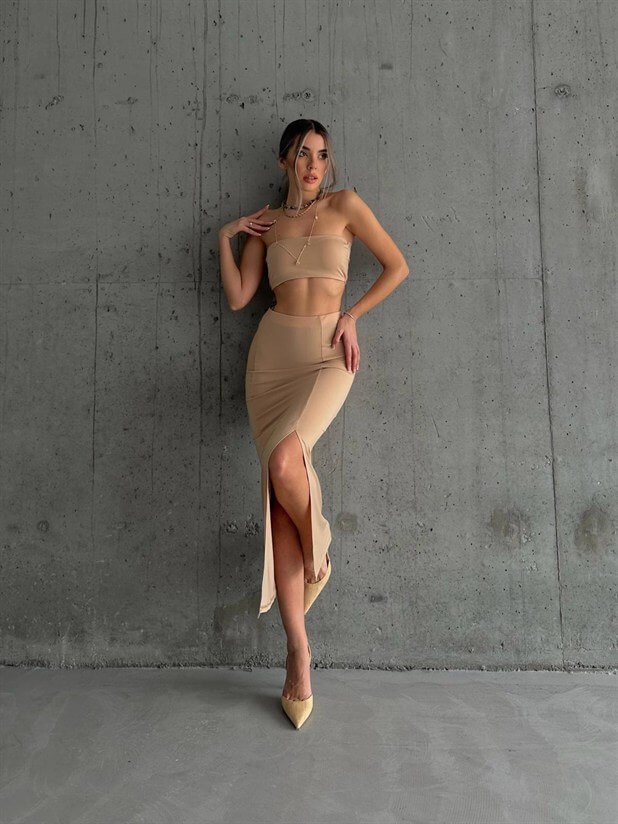 Crop Etek Takım Bej - Bej