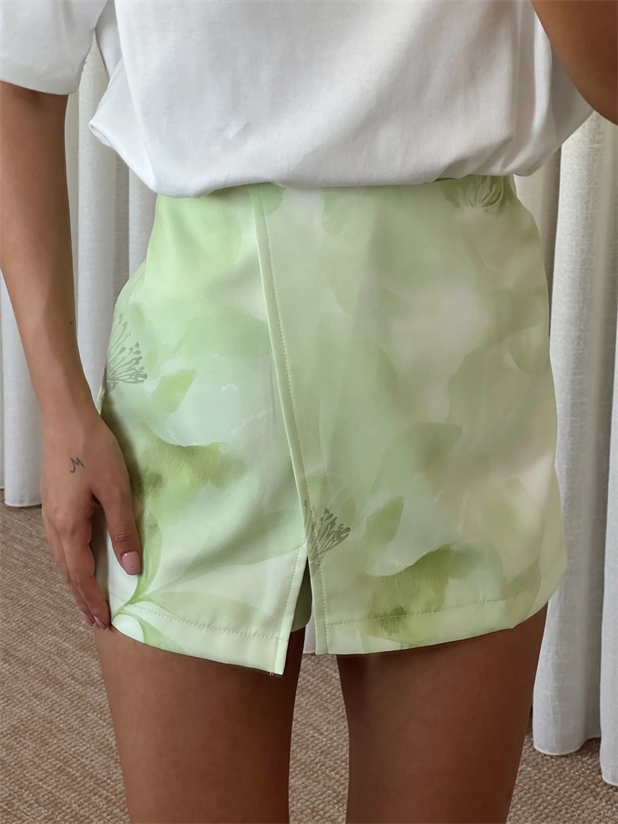 Çiçek Baskılı Mini Şort Etek - Mint