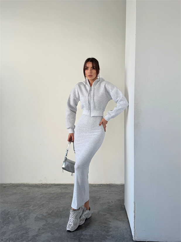 Fermuarlı Sweat Elbise Takım  - Gri