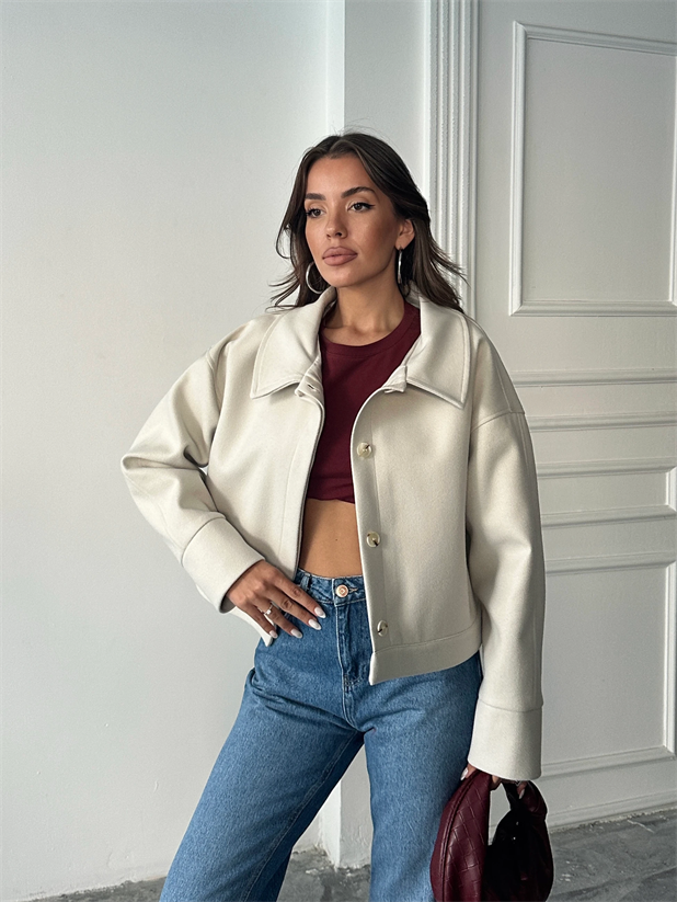 Kaşe Crop Mont - Taş