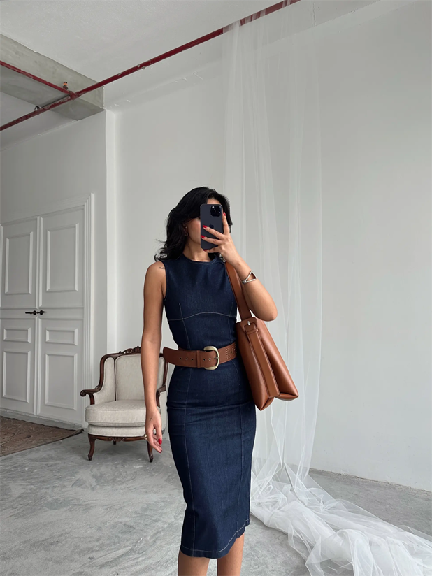 Sıfır Kol Denim Elbise - Lacivert