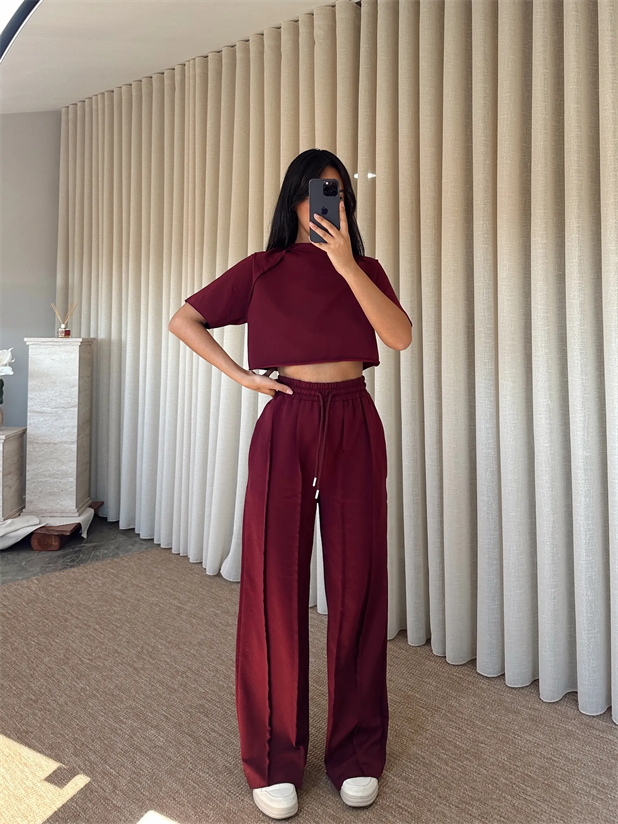 Ters Dikiş Detay Crop Takım - Bordo