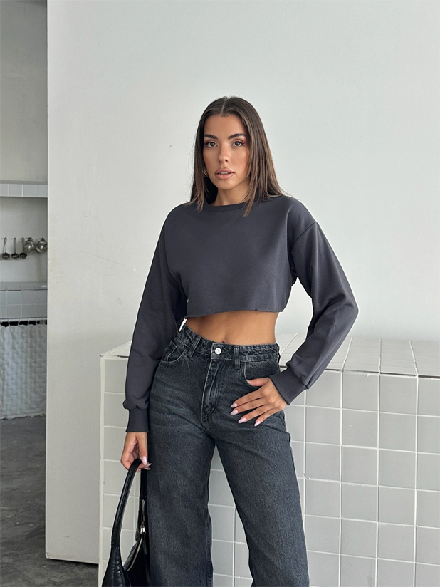 Dikişsiz Crop Sweat - Füme