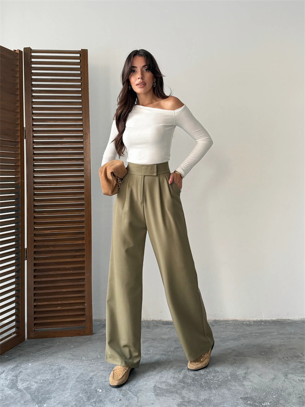 Bel Cırtlı Palazzo Pantolon  - Haki