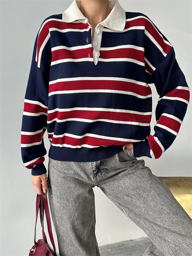 Polo Yaka Çizgili Triko - lacivert-bordo