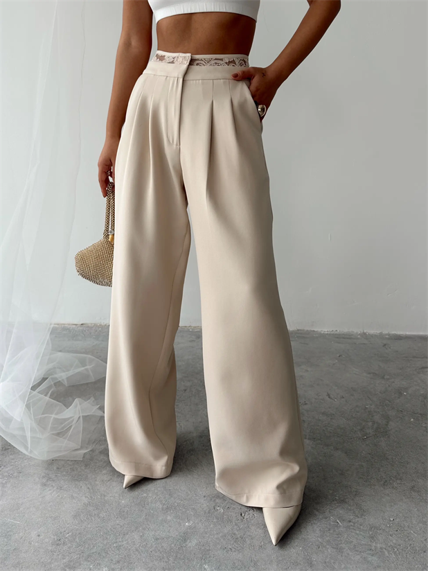 Kemeri Dantel Detaylı Palazzo Pantolon  - Taş