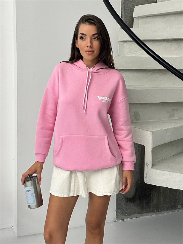 Baskılı Kapüşonlu Oversize Sweat - Pembe