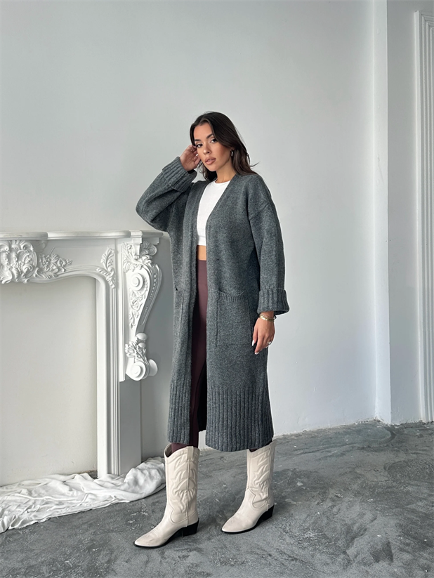 Oversize Uzun Hırka - Füme