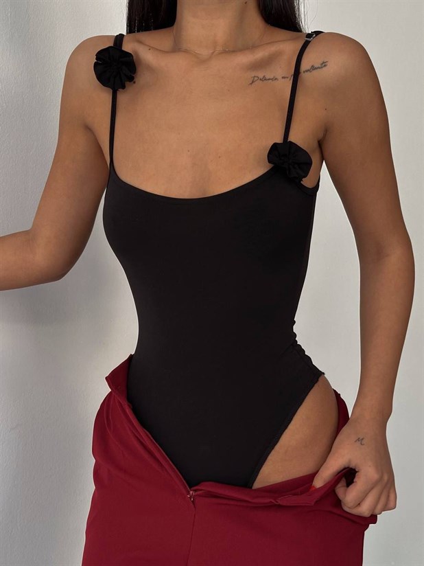 Gül Detaylı Bodysuit - Siyah