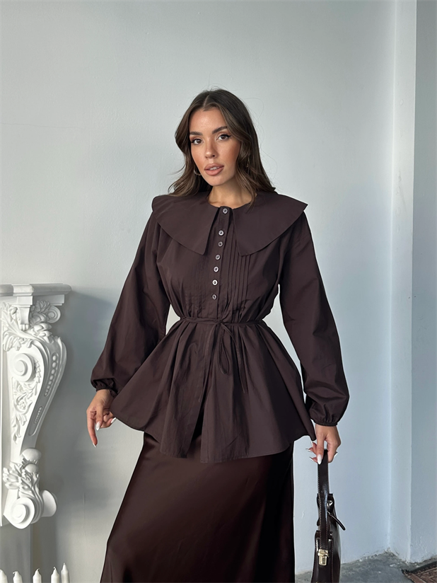 Geniş Yaka Poplin Gömlek - Kahve