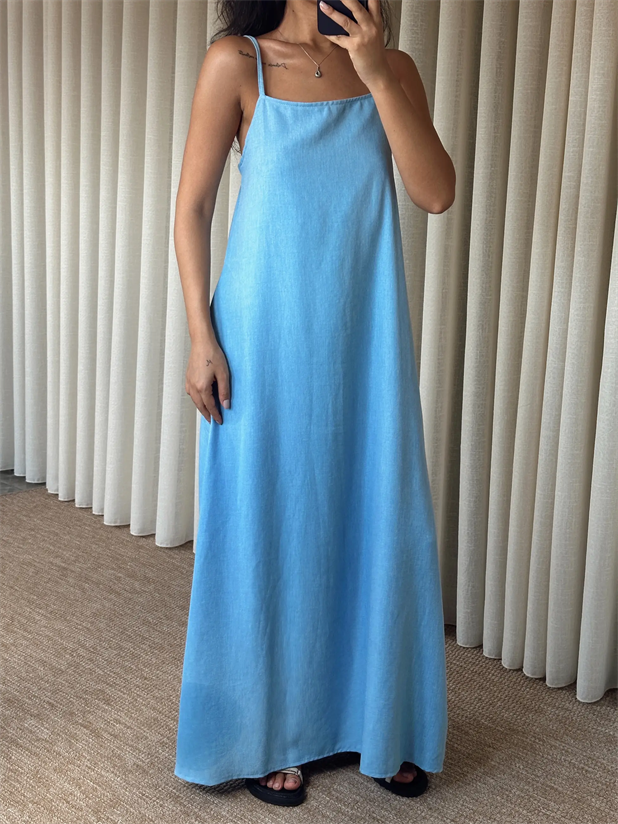 Cepli Keten Elbise - Bebe Mavi