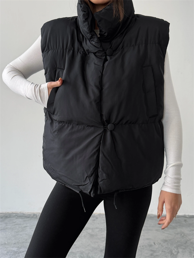 Düğmeli Yan Cep Detay Şişme Yelek - Siyah