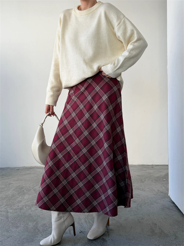 Kloş Ekoseli Etek - Bordo