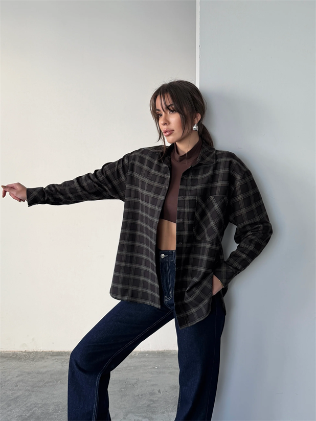 Tek Cep Ekose Gömlek - Acı kahve