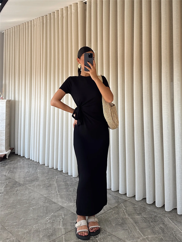 Bağlamalı Modal  Kumaş Elbise - Siyah