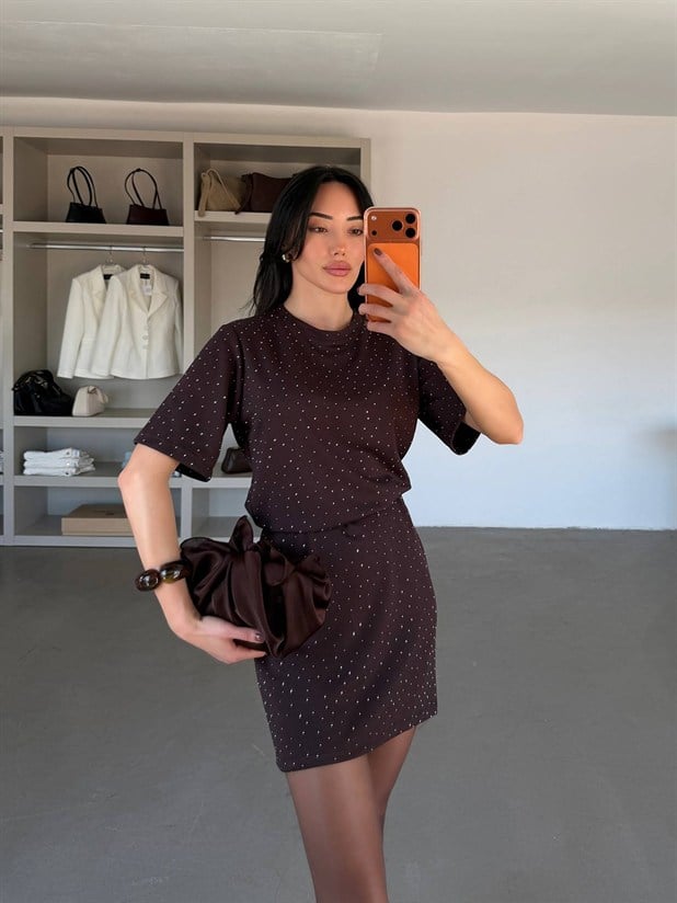 Taş Detaylı Modal Elbise - Kahve