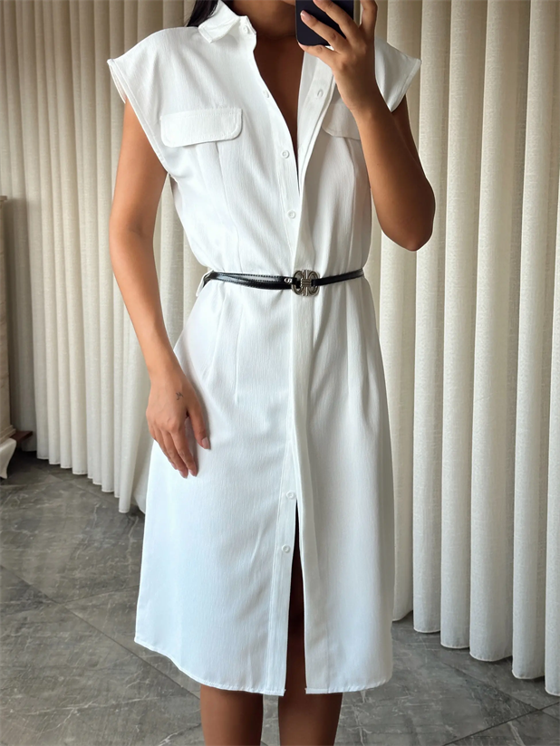 Kemerli Polo Yaka Elbise  - Ekru