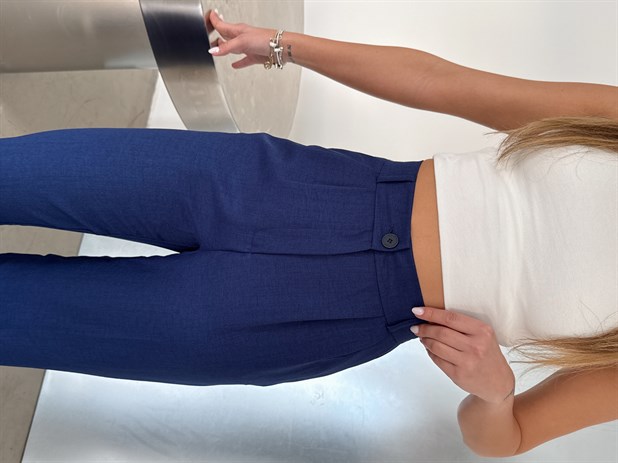 Arka Beli Lastikli Keten Pantolon - Lacivert