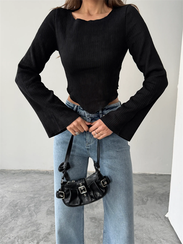 İspanyol Kol Akordiyon Bluz - Siyah