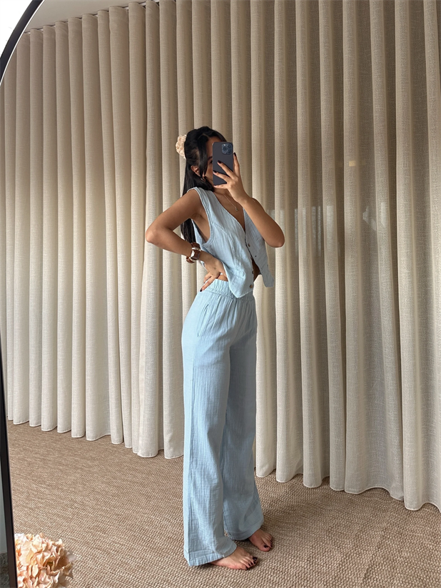 Bel Lastik Müslin Pantolon - Mavi