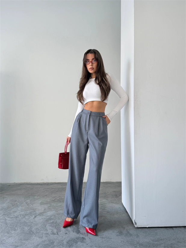 Yünefekt Çizgili Palazzo - Gri