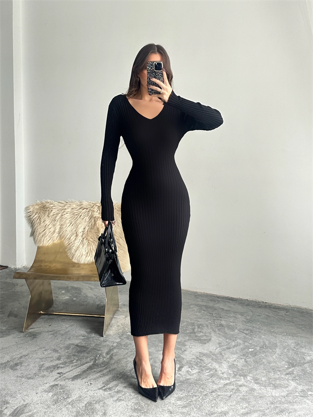 Bel Bağlama Triko Elbise - Siyah