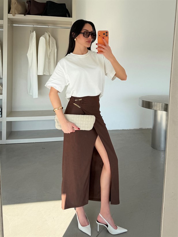 Yanı Toka Detaylı Midi Etek - Kahve