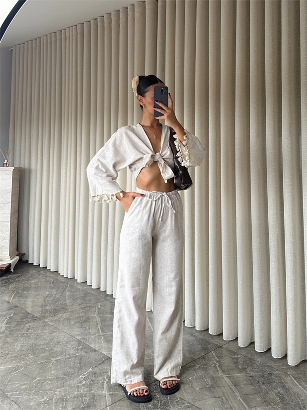 İnce Lastikli Keten Pantolon - Krem