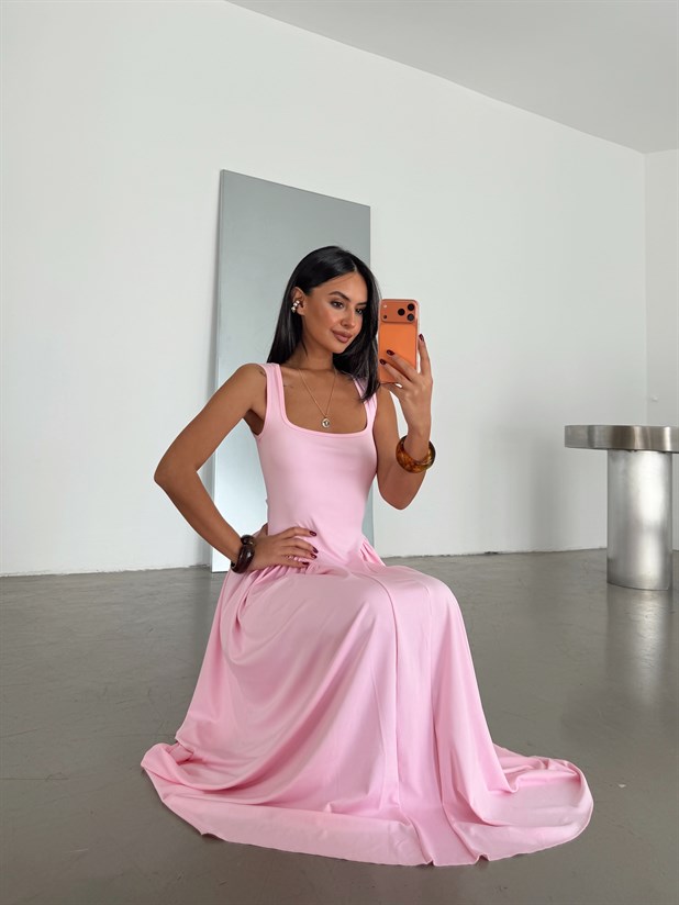 Korse Detaylı Midi Elbise - Pembe