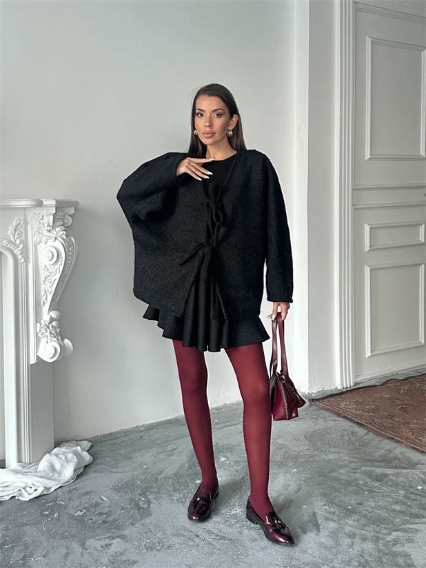 Bağlamalı Kaşe Ceket - Siyah