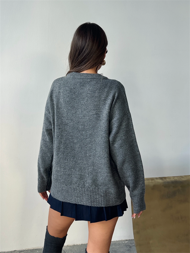 Yıkamalı Şardonlu Triko Kazak - Füme