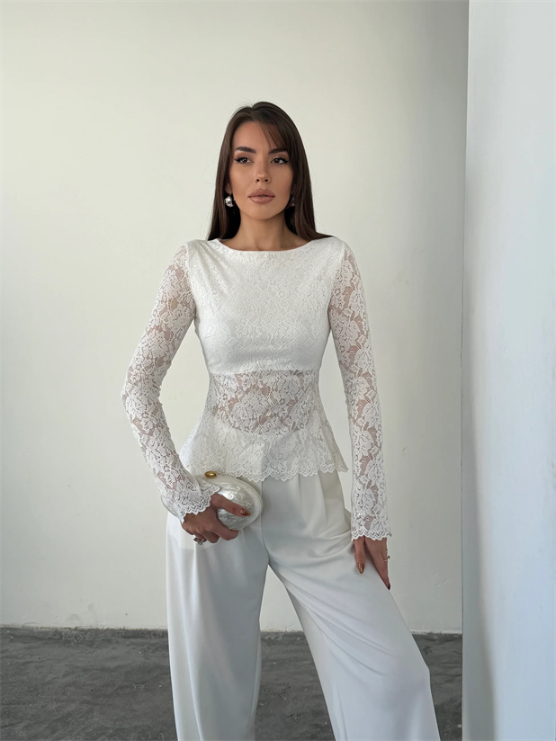 Arkası Bağlamalı Dantel Bluz - Ekru