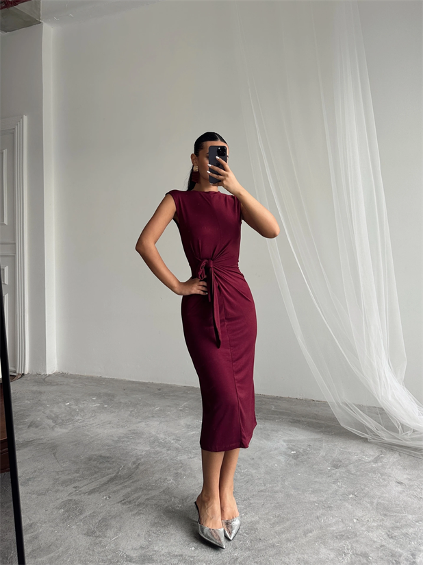 Yandan Bağlamalı Elbise - Mürdüm