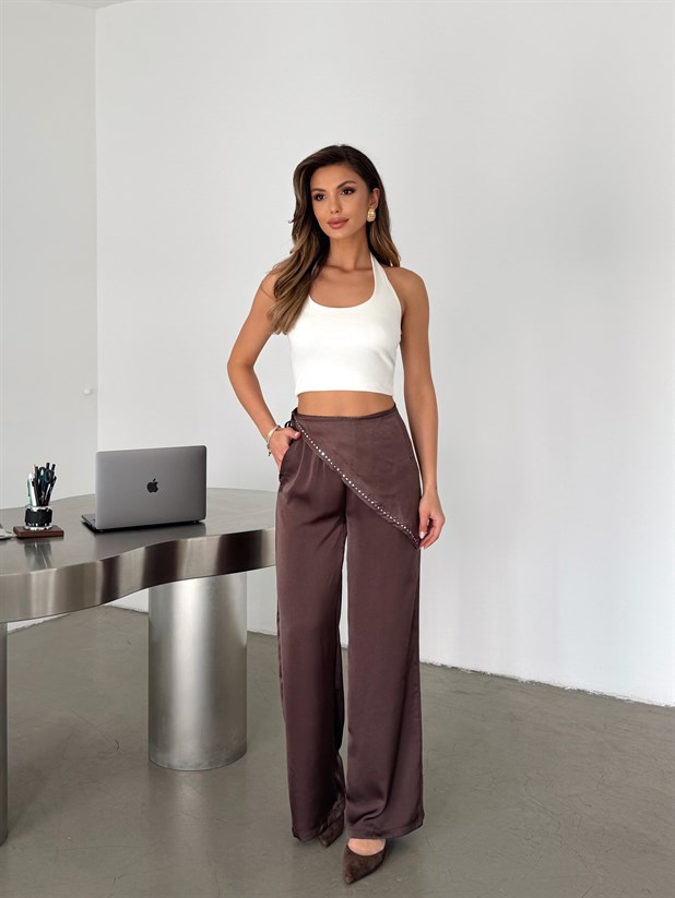 Saten Şallı Jogger Pantolon - Kahve