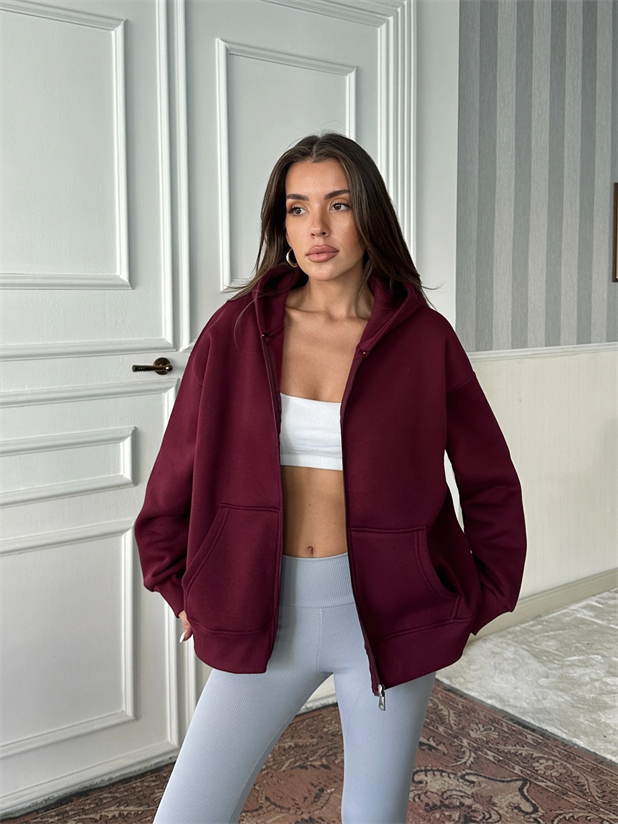 Fermuarlı Cepli Sweat - Bordo